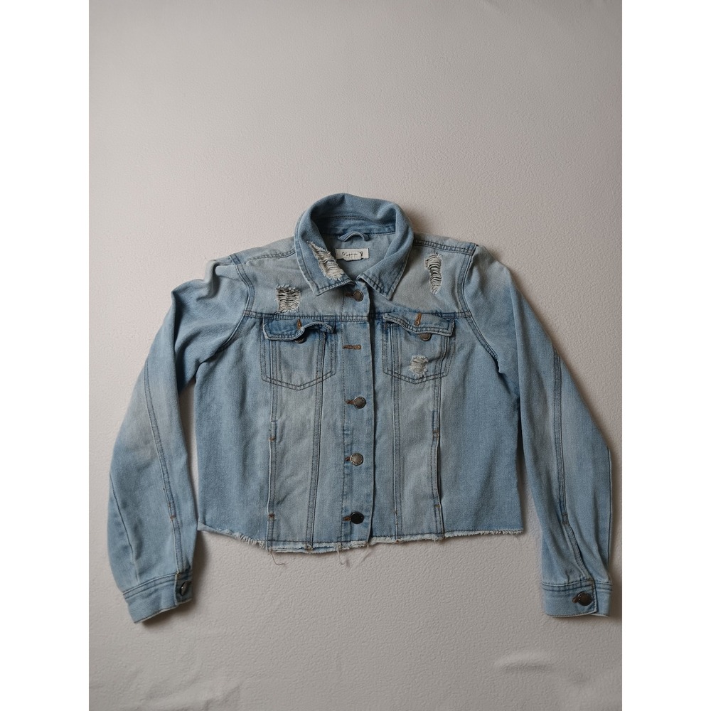 Ci Sono Denim Jacket Womens Large Light Wash Distressed Raw Hem DJK207